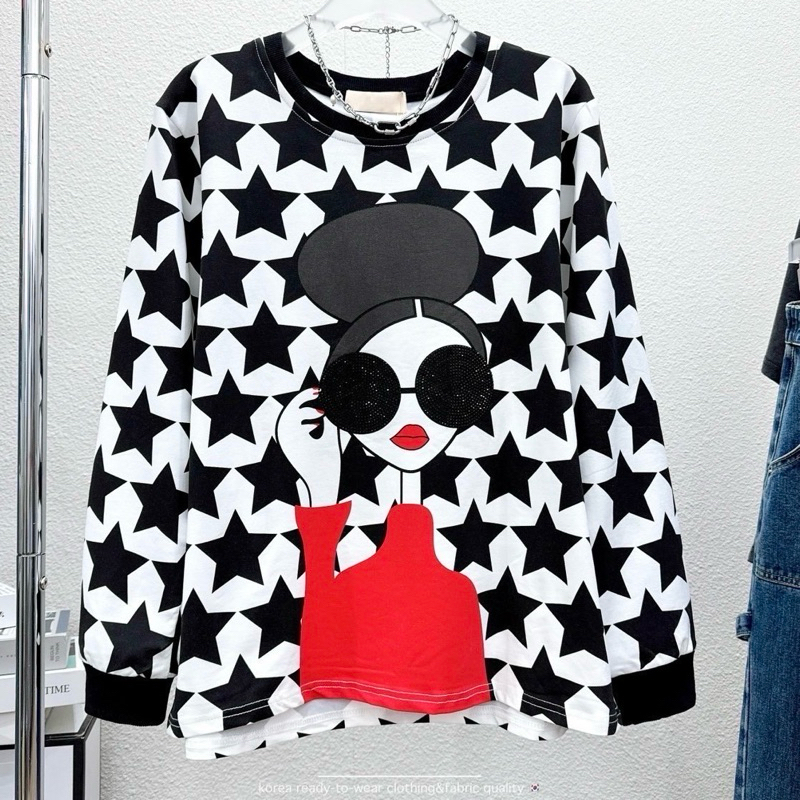 เสื้อยืดแขนยาวลาย Alice&Olivia ผ้าคอตตอนสกรีนลายทั้งตั