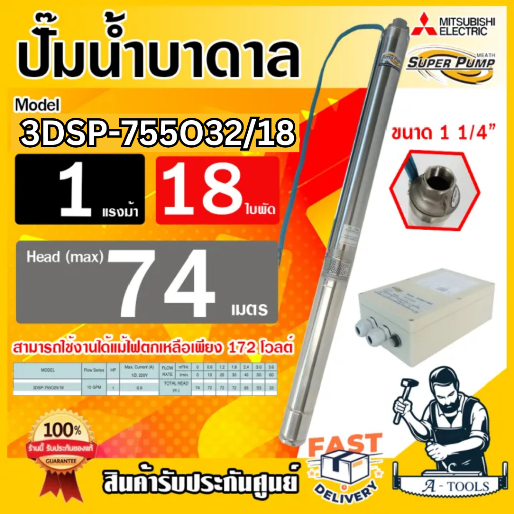 MITSUBISHI ปั๊มบาดาล มิตซูบิชิ ECO รุ่น 3DSP-755O32/18 ท่อส่ง 1 1/4 นิ้ว 1HP 18ใบพัด 220V SUPER PUMP