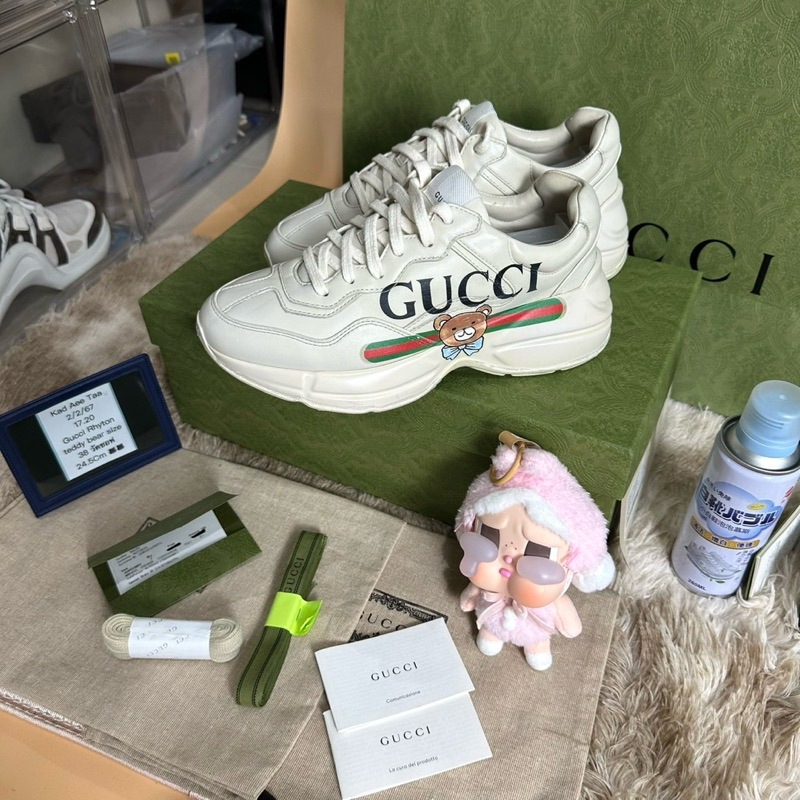 Gucci Ivory Toddler Rhyton KAI Bear Logo Leather Sneaker Size38