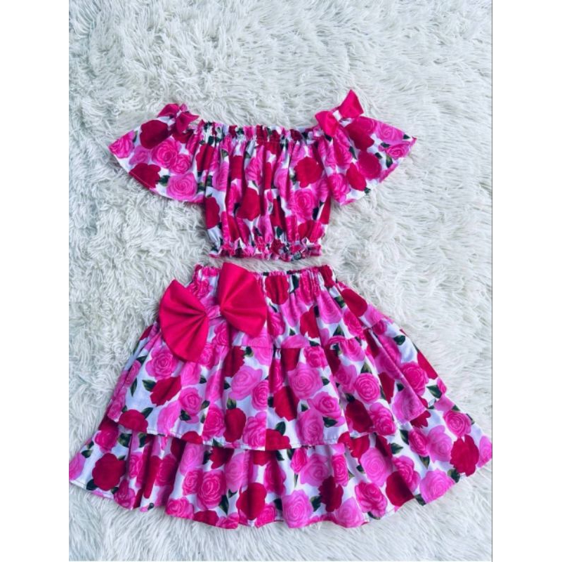 เซ็ต 2 ชิ้น ลายดอกเสื้อปาดไหล่แต่งโบว์ ทองกวาง กระโปรง2ขั้น - รูปที่ 5