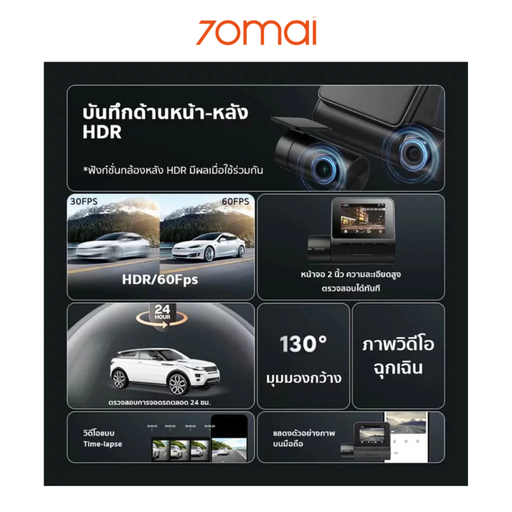 [ลด 200.- GUID200TH ] 70mai A200 Dual Dash Cam ความคมชัด 1080P HDR Car Camera กล้องติดรถยนต์อัฉริยะ 130 ° องศามุมกว้าง thumbnail 6