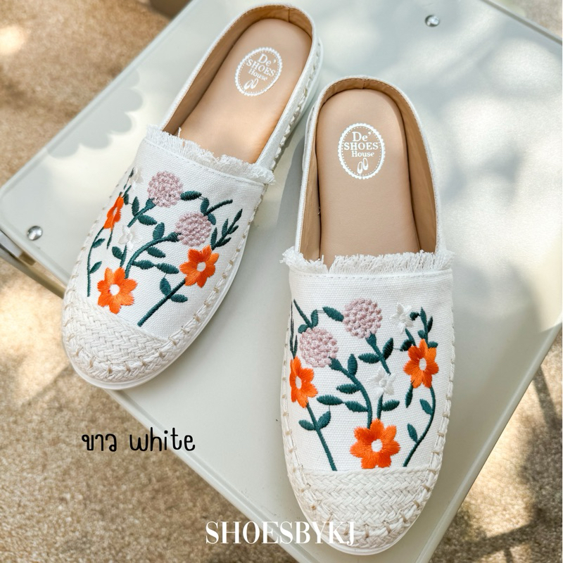 ลอตใหม่ KIMKUNG 671104 รองเท้าเปิดส้น แตะ ส้น1 นิ้ว ปักดอกไม้ daisy sandals