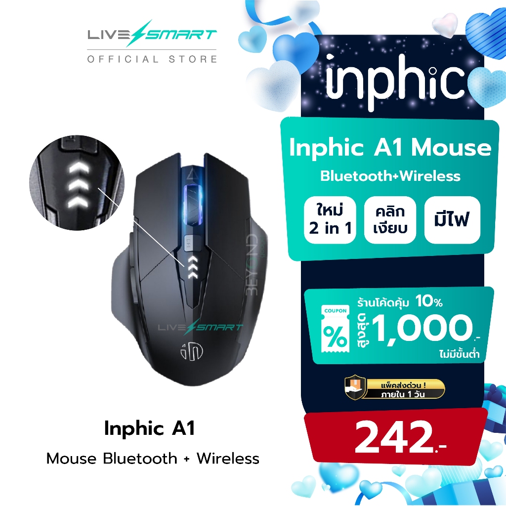 เมาส์ไร้สาย Inphic A1 ( Mouse Bluetooth + Mouse Wireless ) เมาส์เกมมิ่ง เมาส์บลูทูธ สำหรับ แท็บเล็ต คอม