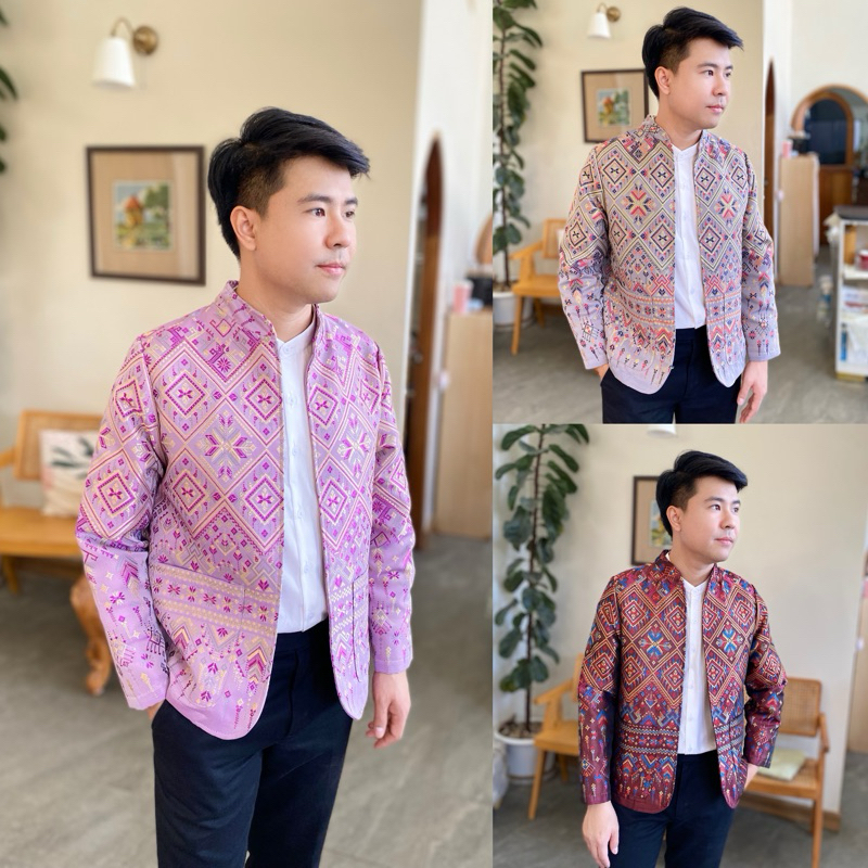 เสื้อคลุมคอจีนผ้าไทย : ลายแพรวาผ้าทอลาย ใส่คลุมทำงาน ทรงสวยดูดีมาก