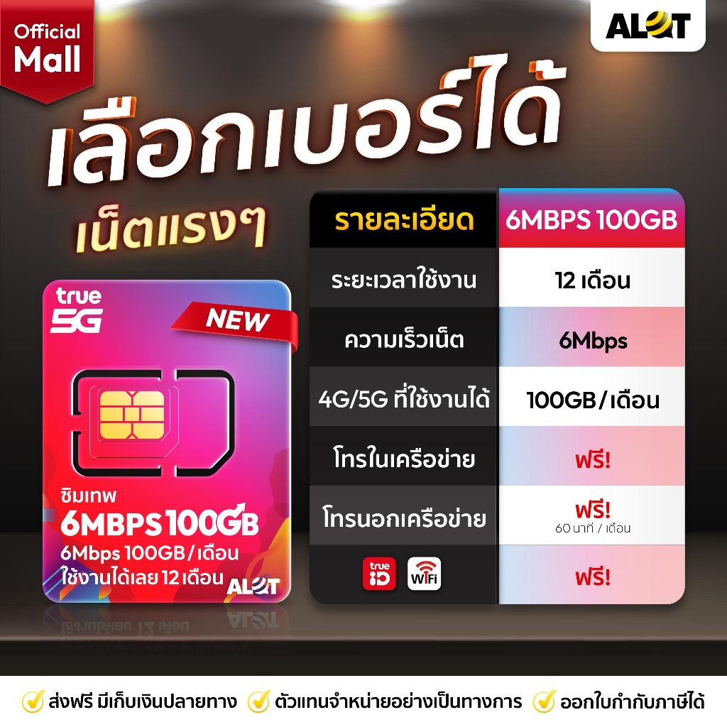 ซิมรายปี ทรู 6Mbps 100GB /เดือน เลือกเบอร์ Set1 ซิมเน็ต ตัวใหม่ ใช้งานได้ 1ปี โทรฟรีทุกค่าย ซิมเทพ True 6 Mbps Alot