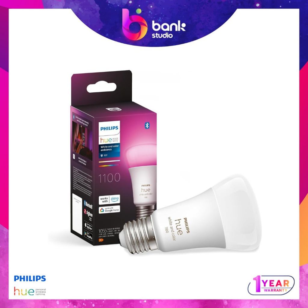 (ประกันศูนย์1 ปี) หลอดไฟเปลี่ยนสี Philips Hue Bulb E27 White and Color 9.5W Bluetooth 1100