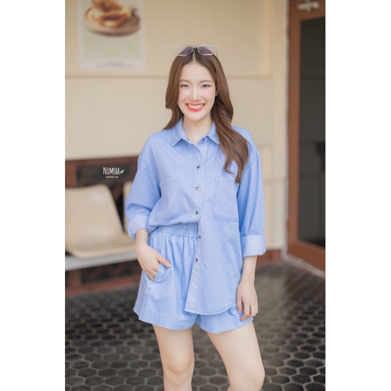 Numsha Brand เซ็ทยีนส์แขนยาวลายทางสาบกระดุม/NB22129