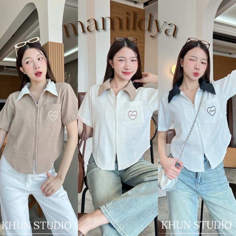 Mamildya.shop เสื้อคอปกผ้ามีเทคเจอร์ในตัว แต่งปกทูโทนซิปหน้า ปักกระเป๋า/N1-2 // KHUN-ซิปทู