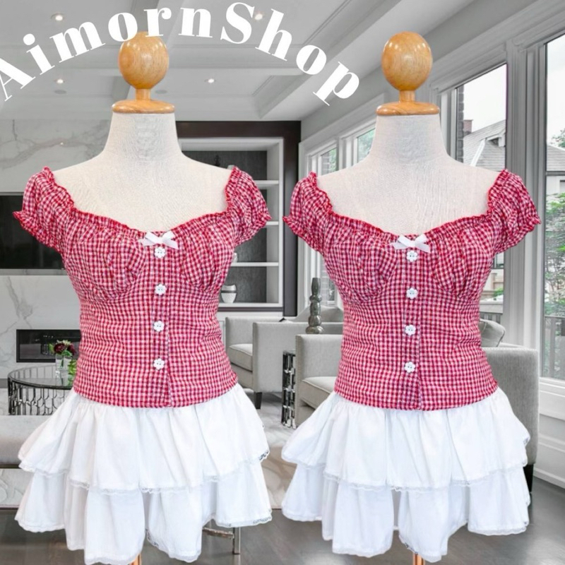 aimorn_shop เสื้อแขนจิ๋ว แต่งกระดุมดอกไม้ ลายสก็อต ด้านหลังสม็อก น้องน่าร้ากกกมากกก