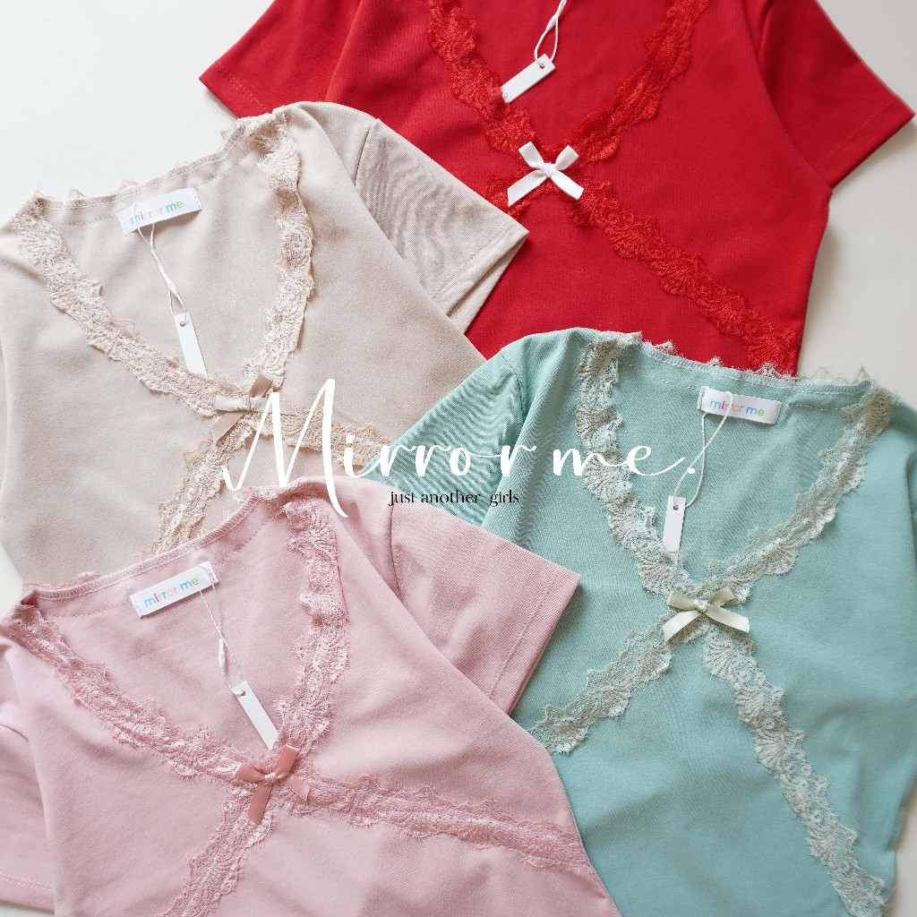 mirrorme เสื้อลูกไม้ไขว้ ติดโบว์หน้า ทรงคอวี ดีไซน์สวย