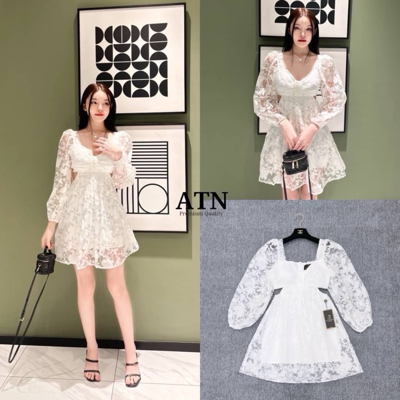 sale เดรสสีขาวแขนยาวแต่งลูกไม้คอเหลี่ยมแบรนด์ATN
