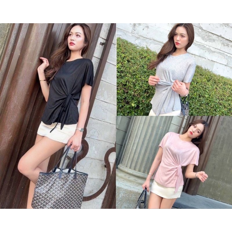 พร้อมส่ง❤️ เสื้อคอกลมไหล่ล้ำ ผ้าสล๊าฟเงานำเข้าเกรดพรีเมี่ยม เนื้อผ้านุ่มลื่น เบาสบาย คอกลมพับขอบคอ #110