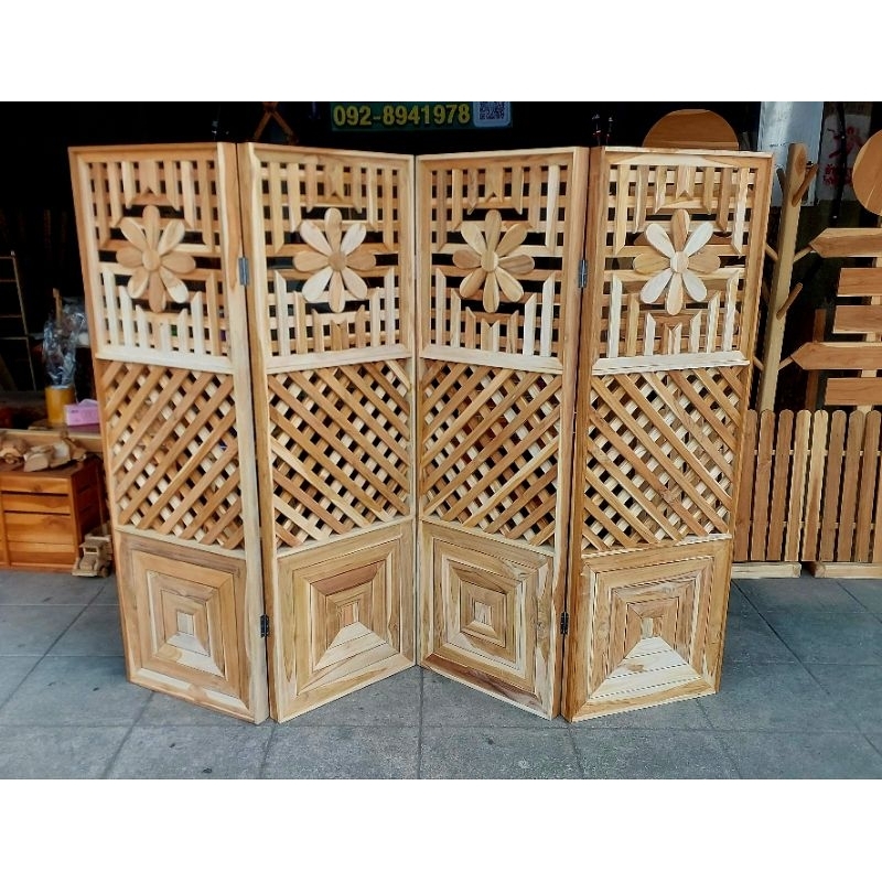 ✅ฉากไม้สัก ม่านกั้นห้องไม้สัก ลายดอกไม้ระแนงแมงมุม  กางสุดกว้าง2เมตรสูง 1.50เมตร