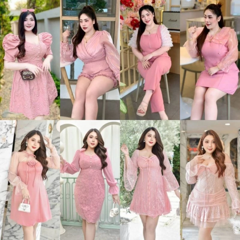 เดรสสาวอวบสีชมพูใส่ออกงานแต่งงานมงคลเพื่อนเจ้าสาวใส่เที่ยวคาเฟ่