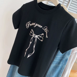 🎀🎀เสื้อโบว์ ผู้หญิง เสื้อยืด oversize คอกลมแขนสั้น พิมพ์ลายน่ารัก แฟชั่่นเสื้อสวยๆ สีพื้น สีขาว-สีดำ สำหรับผู้หญิง