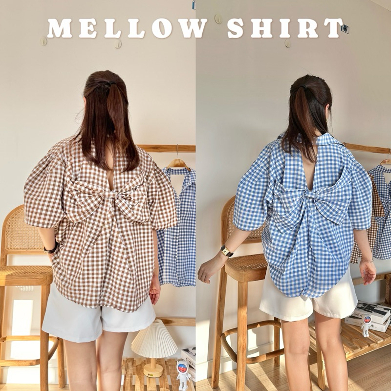 𝗠𝗘𝗟𝗟𝗢𝗪 𝗦𝗛𝗜𝗥𝗧 เสื้อเชิ้ตลายสก็อต แต่งโบว์ด้านหลังคิ้วท์ๆ แขนตุ๊กตา