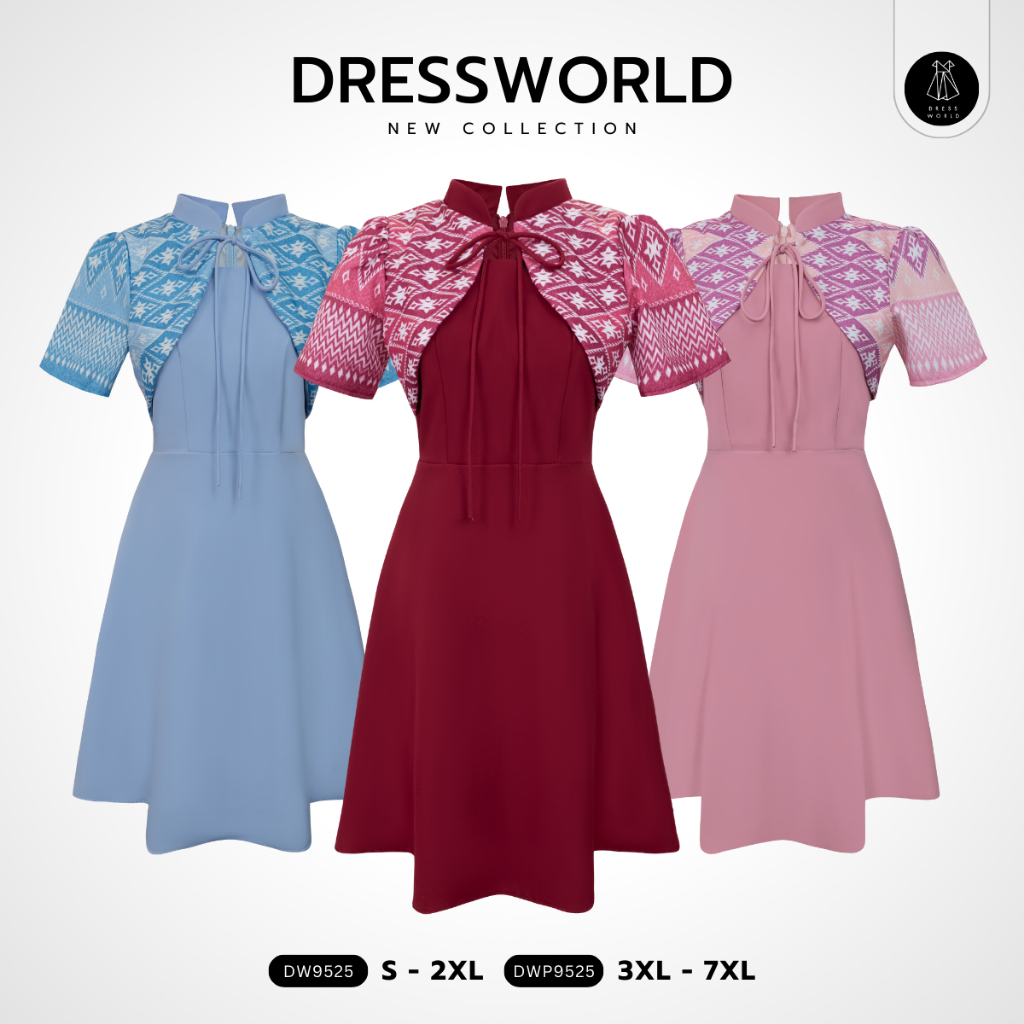 {S-7XL} 9525 งานป้าย Dress World เดรสสั้นทรงบาน คอจีน แต่งกั๊กลายไทย+เชือกผูกโบว์ สีหวานๆ น่ารัก ช้าหมด อดน๊าา