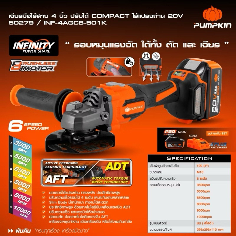 🔥รุ่นปี2025 แบต5Ah🔥 เจียรไร้สาย 4 นิ้ว PUMPKIN 50279 INF-46AGCB-501K / 50287 INF-46AGCB ปรับรอบได้