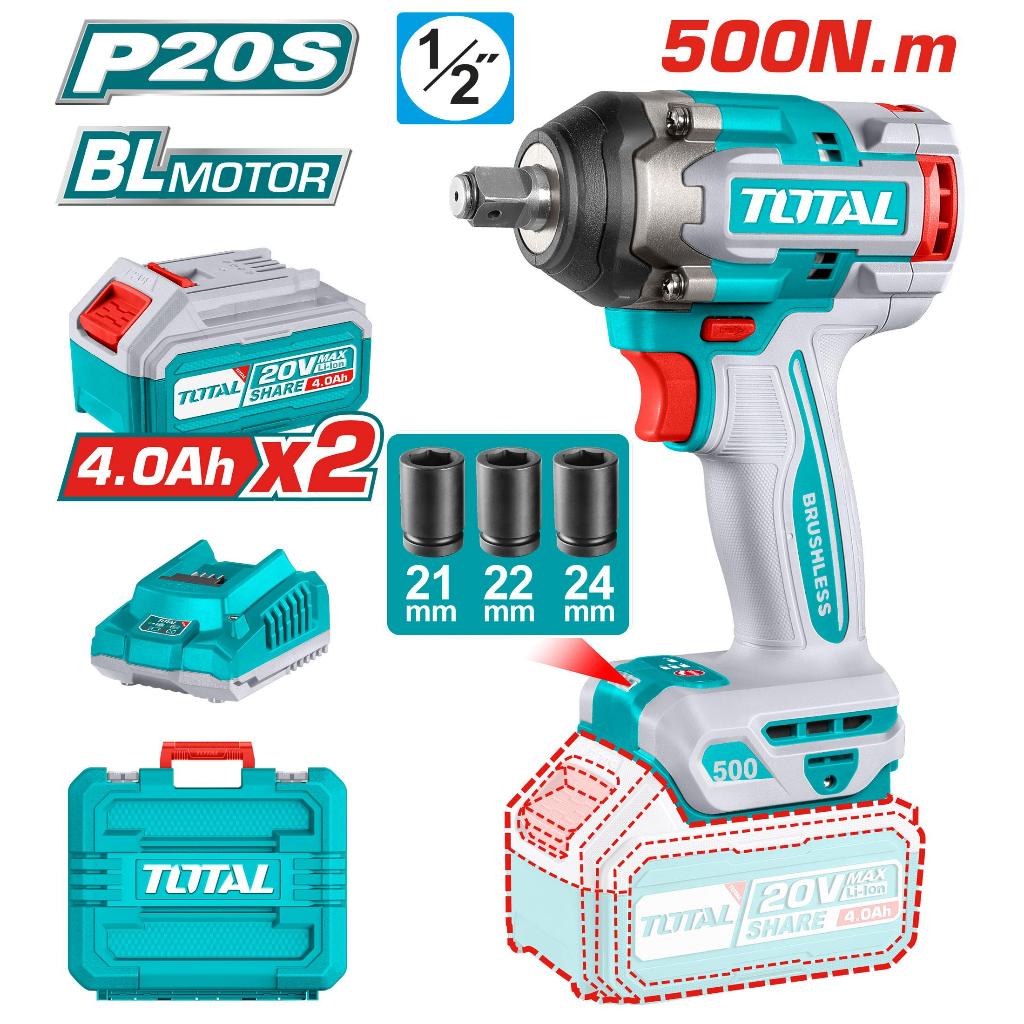 TOTAL บล็อกกระแทก ไร้สาย 500Nm BL motor แบตเตอรี่ 20V. 1/2" ครบชุด TIWLI2050 / ตัวเปล่า TIWLI20501