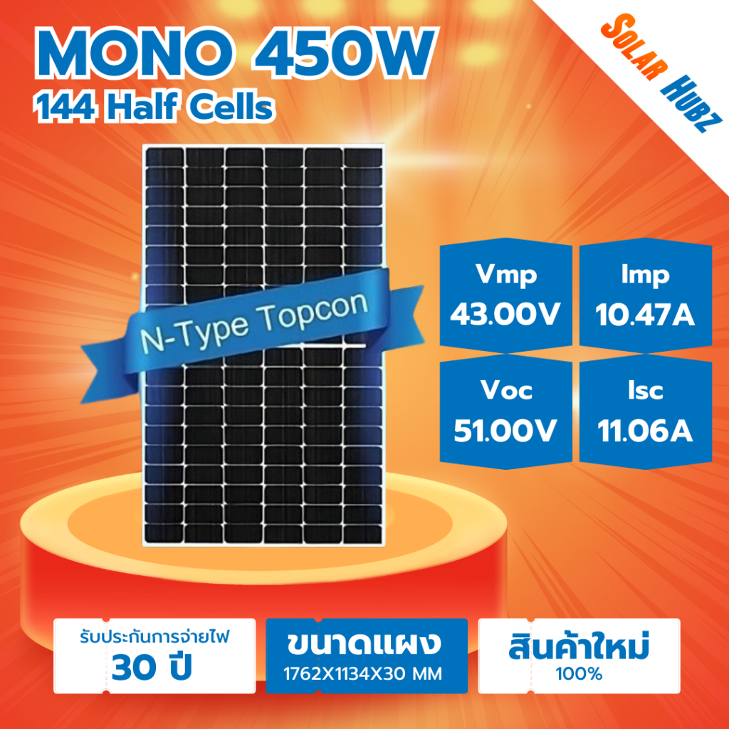 แผงโซล่าเซลล์ 450W วัตต์ solarcell 450W Mono Half Cell , NBA-450W