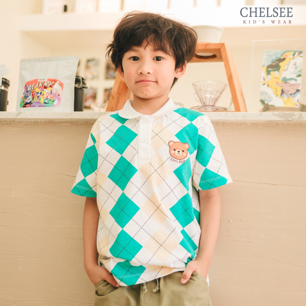 Chelsee เสื้อโปโล เด็กผู้ชาย แขนสั้น ลายตารางปักหมี อายุ 1.5-10 ปี ผ้า 100%Cotton เสื้อผ้าเด็กโต รุ่น 128119