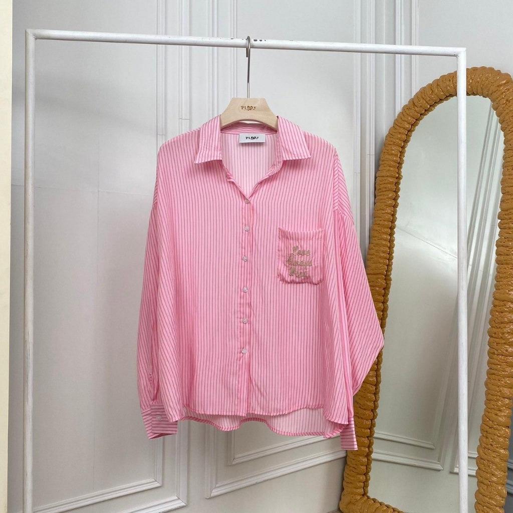 PP0220 เสื้อเชิ้ตสีชมพูลายริ้ว งานปัก สุดน่ารัก