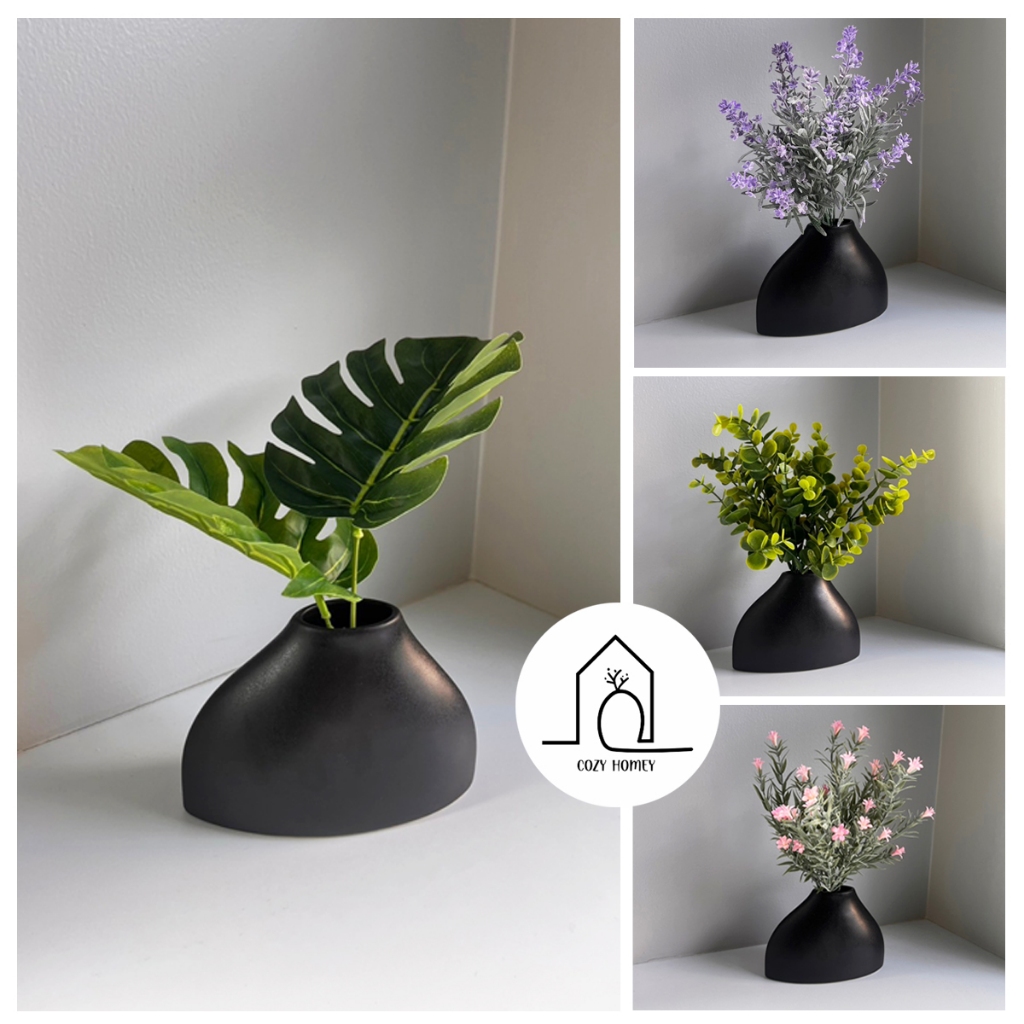 ชุดแจกันเซรามิก ทรงวงรี สีดำ พร้อมดอกไม้ ตกแต่งบ้าน | Flower Vase - Cozy Homey