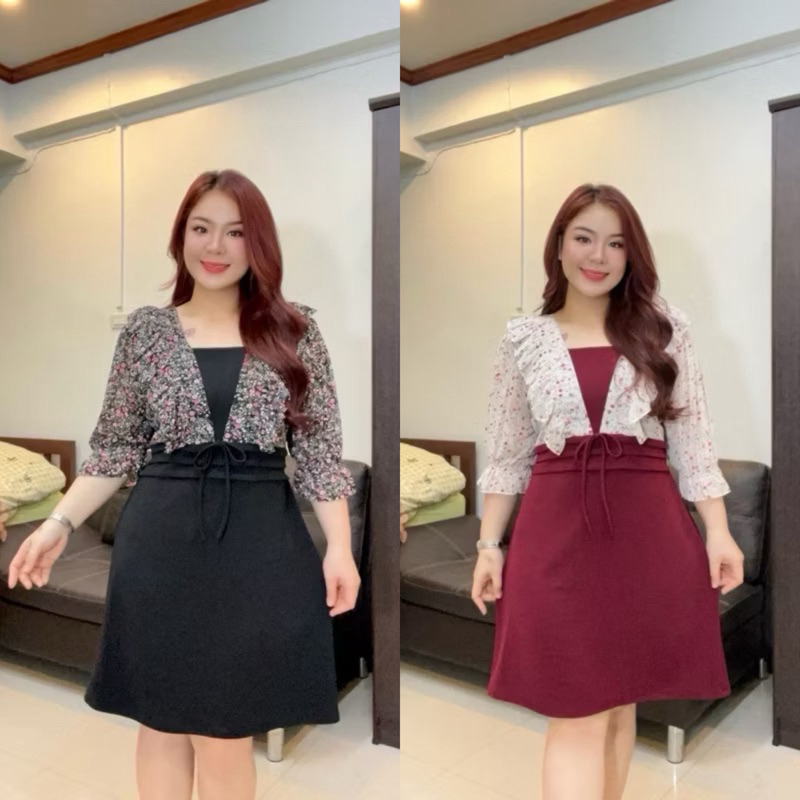 ชุดเดรสผ้ายืดวูลเวฟแต่งผ้าชีฟองเนื้อพรีเมียร์ งานคอวีแต่งระบายค่ะ …แขนศอกนะคะ ที่เอวตีเกล็ดเข้ารูป รอบอก 40-48 นิ้ว