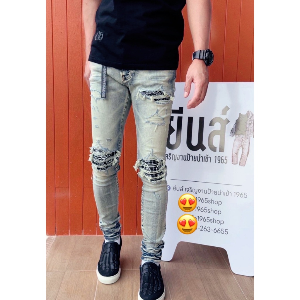 กางเกงยีนส์ Amiri เข่าดำลาย D11 รุ่นตามหา  ป้ายห้อย ป้ายแท็ก ป้ายหนัง กระดุม 4 เม็ดปั้มทุกเม็ดผ้าพรี