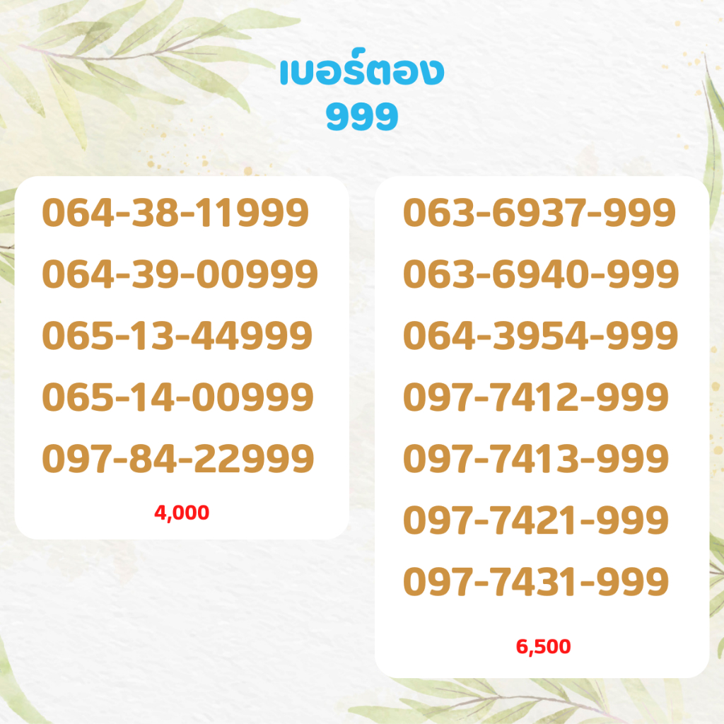 เบอร์ตอง 999 เบอร์เรียง เบอร์สวย เบอร์จำง่าย เบอร์มงคล