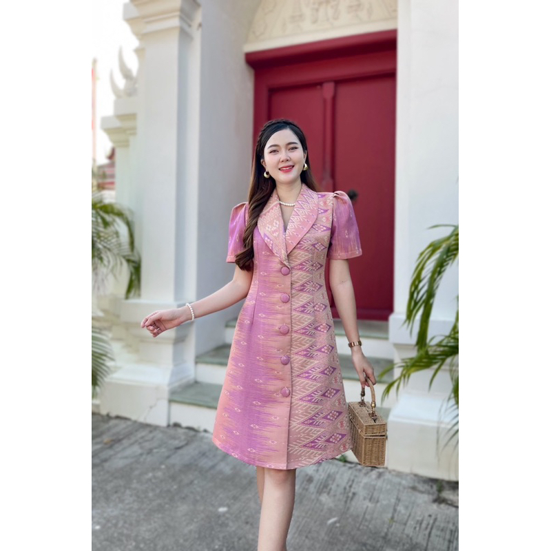 เดรสคอปกกระดุมหน้าจริง ผ้าฝ้ายทอลายอัดกาวทั้งชุด - รูปที่ 4