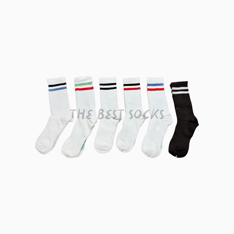 ถุงเท้าสตรีท แฟชั่น ลายโอสคูล 2 ขีด สีพื้น ขาว-ดำ FREE SIZE