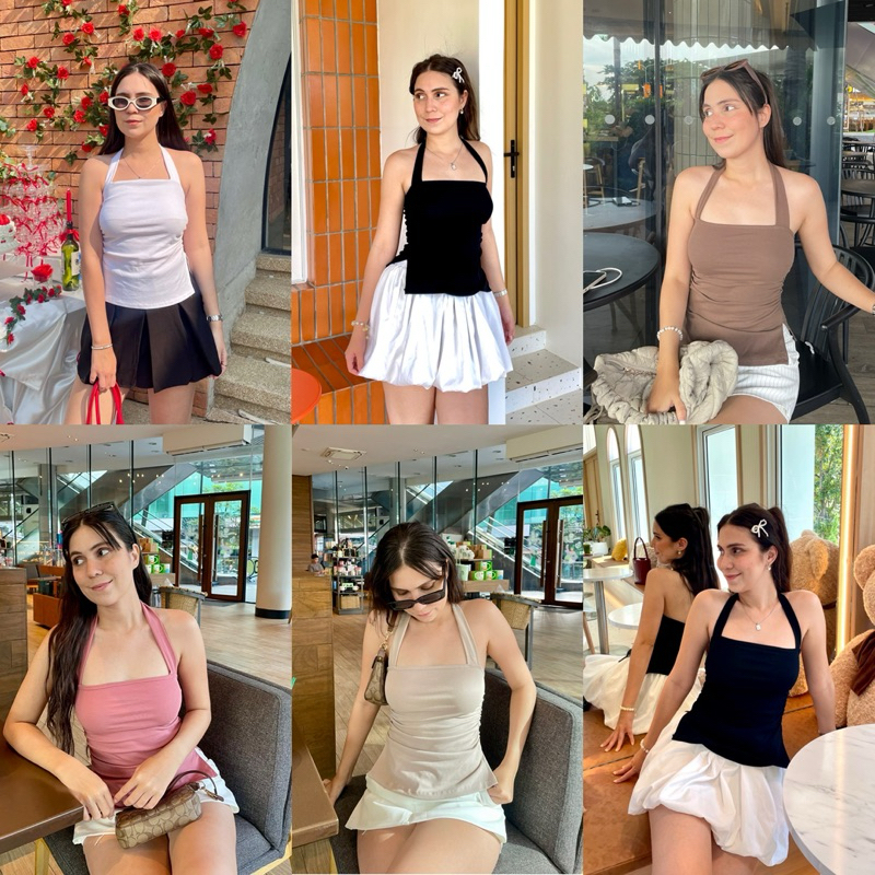 Caris Top เสื้อคล้องคอจับจีบข้าง ผ้ายูนิโคล่