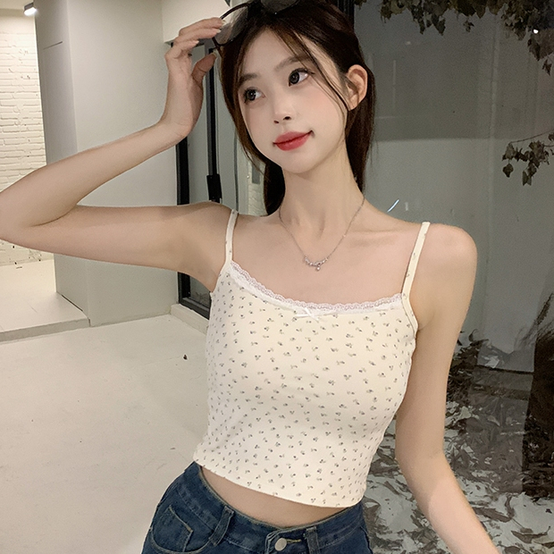 เสื้อครอป สายเดี่ยวครอป  หวานน่ารัก ลายดอกไม้ ยืดได้ คอกลม #0202645 - รูปที่ 4