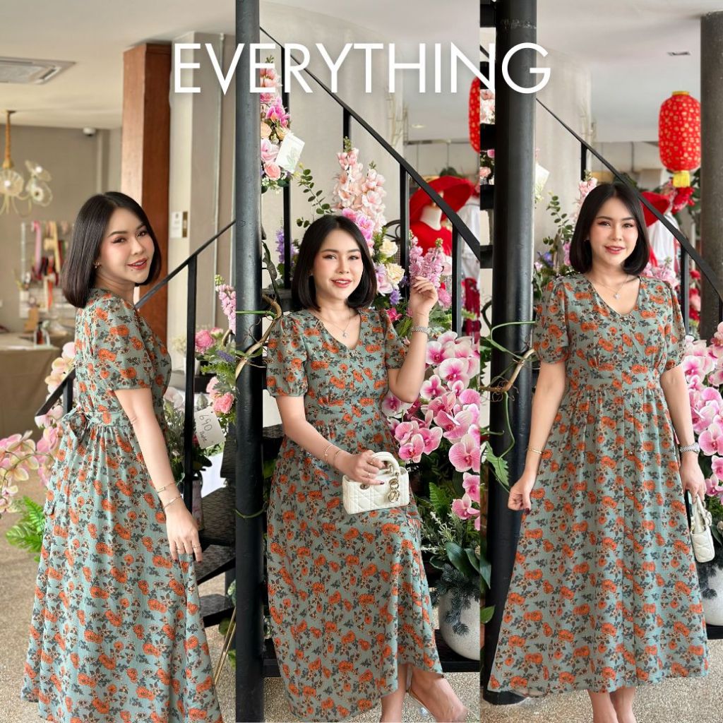 Everything2019  เดรสยาวคอวี แต่งกระดุมหน้า  ใส่ได้ทุกโอกาสสวยๆ (841)