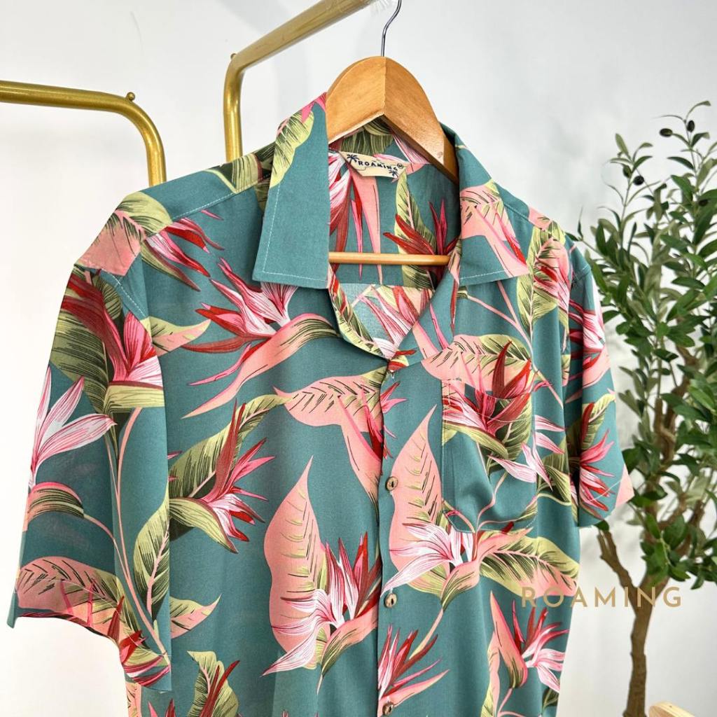 ROAMING HP02 เสื้อฮาวาย เสื้อครอบครัว ผ้าสปัน ผ้านิ่มใส่สบาย ระบายอากาศได้ดี Hawaiian Shirts (พาราไดส์เขียว ) ราคา ถูกที่สุด ดีลบีเคเค แกลเลอรีภาพที่ 2