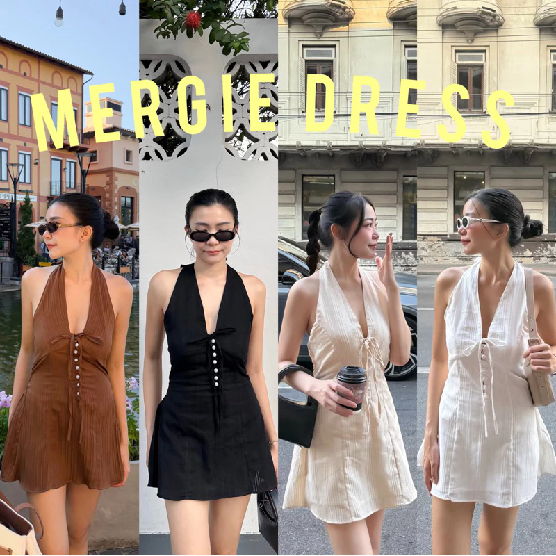 MARGIE DRESS ชุดเดรสผ้าดับบี้ คล้องคอคล้องใจ แต่งกระดุมไข่มุกที่อกด้านหลังเป็นสม็อคยางยืด