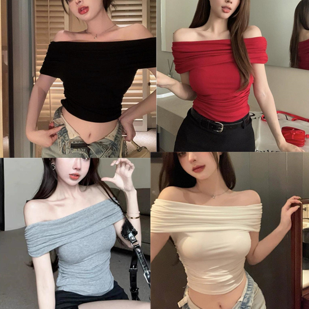 9288 เสื้อยืด เสื้อครอป 6สี3ไซส์ เสื้อปาดไหล่ รัดรูปเปิดหลัง แต่งตัวง่าย สไตล์เกาหลี