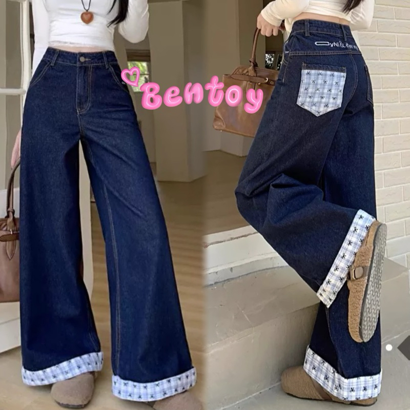 Bentoy(8832)กางเกงยีนส์ขายาว เอวสูง สีเข้ม ติดกระเป๋าลายสก๊อต ปลายขากางเกงแบบพับลาบสก็อต น่ารัก ทรงกระบอก