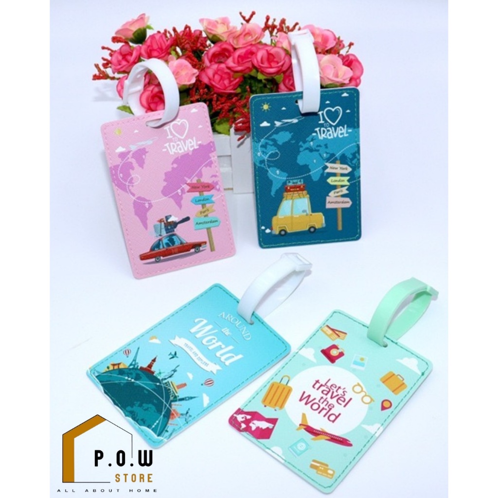 POW Store พร้อมส่ง ป้ายแท็กห้อยกระเป๋าเดินทาง แท็กป้ายชื่อ วัสดุหนังPU สายเป็นพลาสติก ดีไซน์ลายน่ารัก