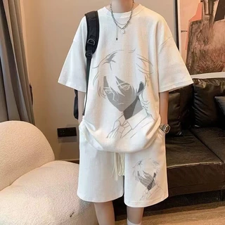 ชุดสูทลำลองอินเทรนด์สำหรับผู้ชายในฤดูร้อนอินเทรนด์พิมพ์ลายการ์ตูนหลวมกีฬาแขนสั้น + กางเกงขาสั้นชุดสองชิ้น