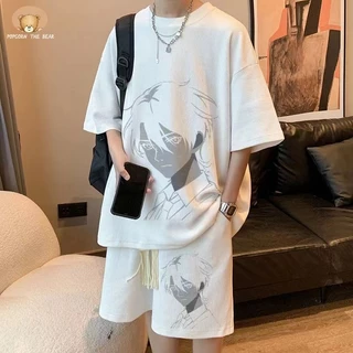 ชุดสูทผู้ชายสไตล์ญี่ปุ่น ผ้าวาฟเฟิล แขนสั้น + กางเกงขาสั้น ชุดทูพีซแฟชั่น