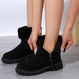 รองเท้าบูทหิมะสำหรับผู้หญิง ผ้ากำมะหยี่หนาให้ความอบอุ่น ส่วนบนทำจากหนังกลับกันน้ำ ไม่ลื่นและทนต่อการสึกหรอ
