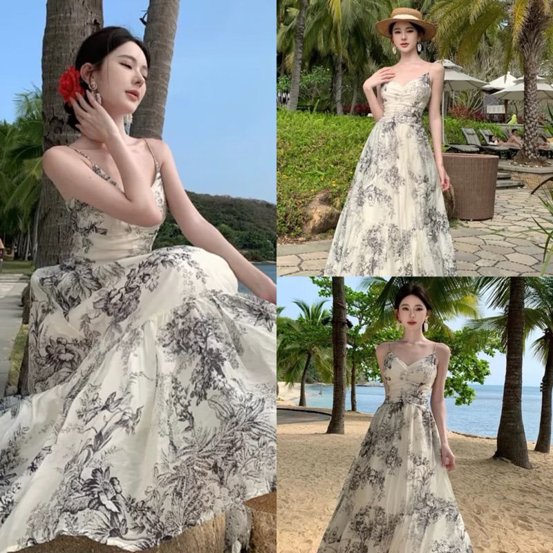 Maxi dress เดรสสายเดี่ยว ลายสวย รุ่น 8247 TAG:WG.WE 🇰🇷