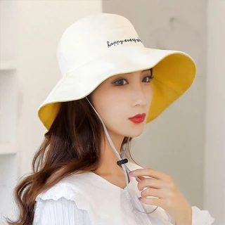 หมวกปีกรอบ งานปัก ยิ้ม หมวก ผ้าแคนวาสหนาพิเศษ ใส่ได้ 2 ด้าน หมวกเชือก กันแดด ไม่ร้อน ใส่สบาย