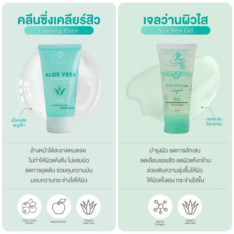 เซตจัดการสิว ALOE VERA Cleansing Plus (50 ml) + AloeVera I'AURA (40 ml) เจลว่าน ลดสิว คลีนซิ่ง คุมมัน  I'AURA ไอออร่า