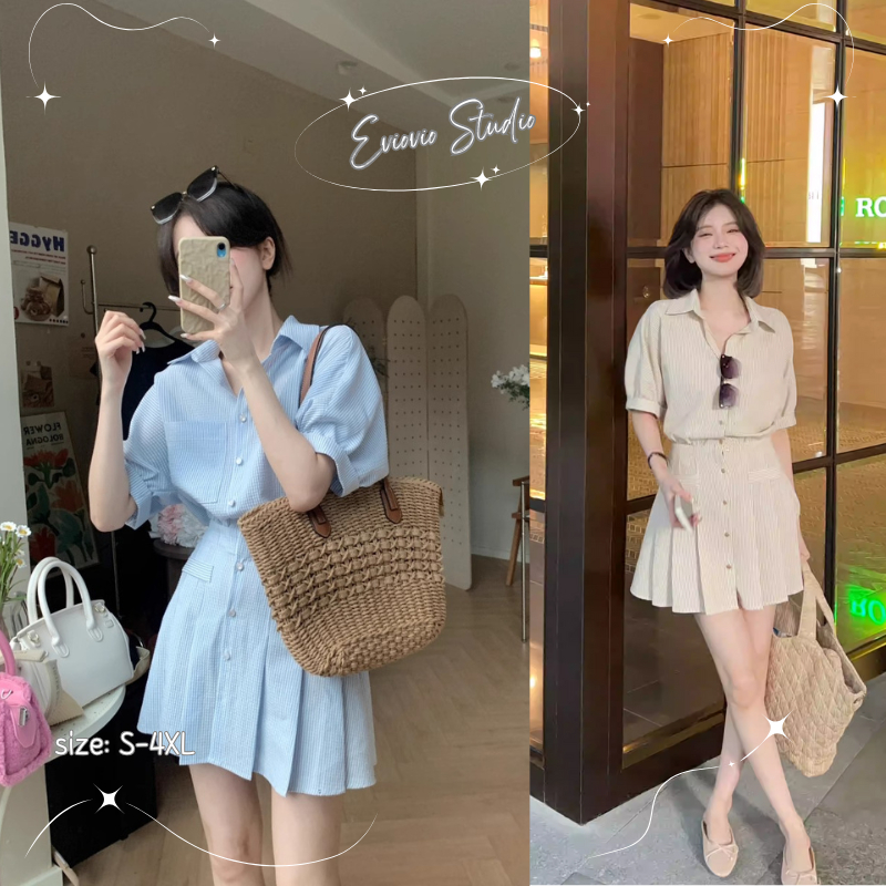 【EVIOVIO】S-4XL มินิเดรสลายทาง คอปกเชิ้ต เดรสพลัสไซซ์ สำหรับสาวอวบ ให้ลุคสบาย ๆ มีสไตล์ ใส่ทำงาน