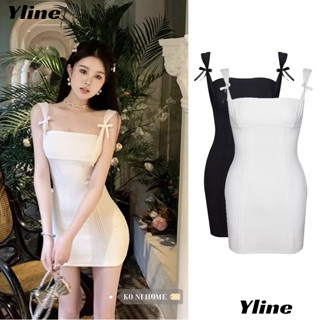 เดรสย้อนยุค เดรสสายเดี่ยว สั้น คอเหลี่ยม ผูกโบว์ ทรงเข้ารูป