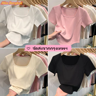 Bangkok✨จัดส่งทันที✨เสื้อยืดผู้หญิง เข้ารูป สีพื้น สไตล์ลำลอง สไตล์เกาหลี แฟชั่นหลายสีแขนสั้น-T109