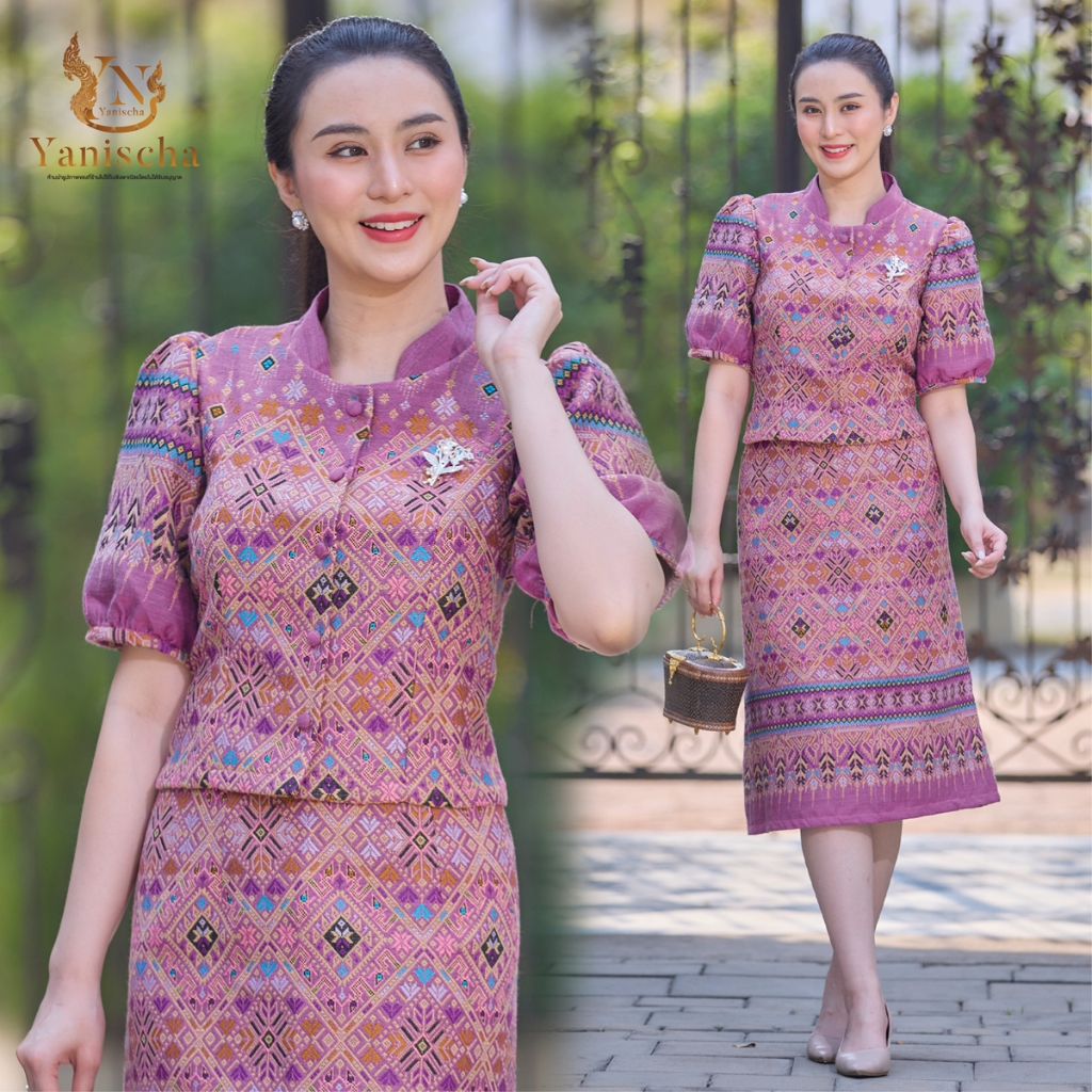 ชุดร้านญาณิศชา ผ้าไทย ชุดไทย ชุดเข้าเซ็ท เสื้อคอจีน ผ้าทอลาย อัดกาวทั้งชุด – ชุดออกงาน ไปวัด ทำบุญ